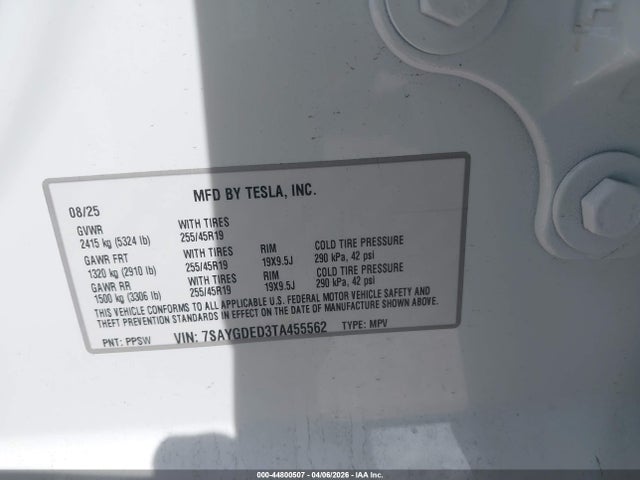 2026 Tesla Model Y Premium Rear-wheel Drive/standard Rear-wheel Drive მანქანა იყიდება აუქციონზე, vin: 7SAYGDED3TA455562, აუქციონის ნომერი: 44800507