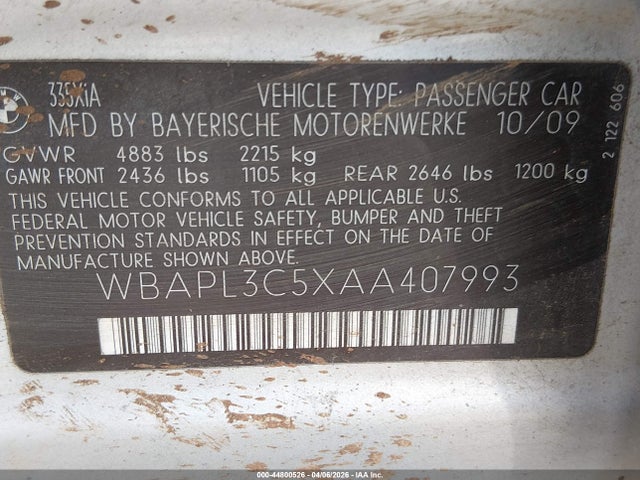 2010 Bmw 335i Xdrive მანქანა იყიდება აუქციონზე, vin: WBAPL3C5XAA407993, აუქციონის ნომერი: 44800526