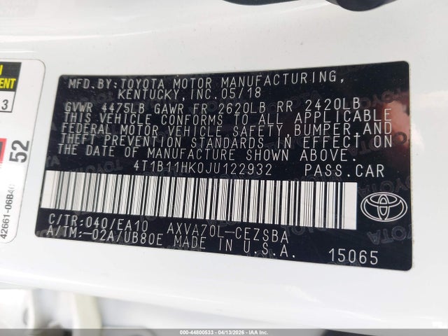 Aukcja sprzedaży 2018 Toyota Camry Se, vin: 4T1B11HK0JU122932, numer aukcji: 44800533