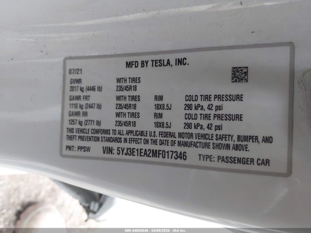 2021 Tesla Model 3 Standard Range Plus Rear-wheel Drive მანქანა იყიდება აუქციონზე, vin: 5YJ3E1EA2MF017346, აუქციონის ნომერი: 44800546