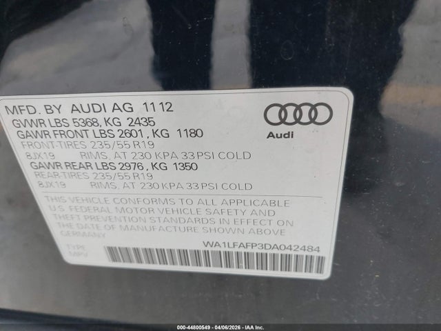 Продажа на аукционе авто 2013 Audi Q5 2.0t Premium, vin: WA1LFAFP3DA042484, номер лота: 44800549