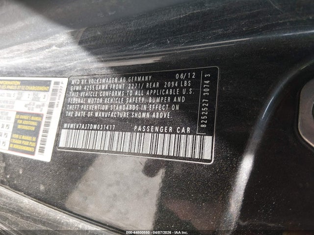 44800550 :رقم المزاد ، WVWEV7AJ7DW031417 vin ، 2013 Volkswagen Gti 2-door مزاد بيع