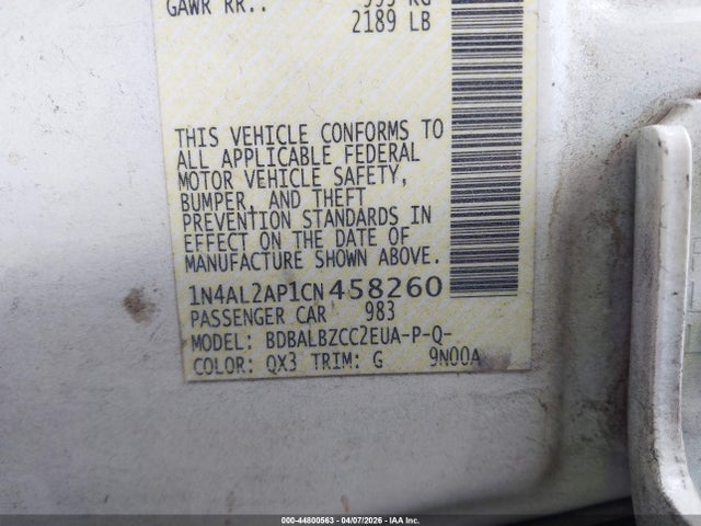 2012 Nissan Altima 2.5 S მანქანა იყიდება აუქციონზე, vin: 1N4AL2AP1CN458260, აუქციონის ნომერი: 44800563