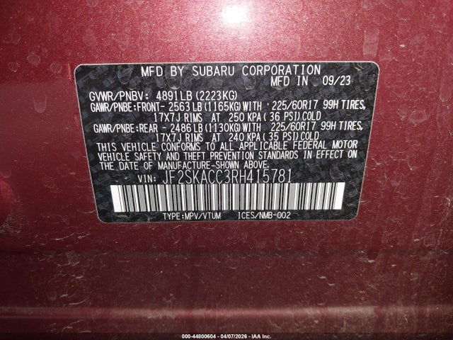 Aukcja sprzedaży 2024 Subaru Forester Premium, vin: JF2SKACC3RH415781, numer aukcji: 44800604