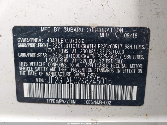 Продаж на аукціоні авто 2019 Subaru Crosstrek 2.0i Premium, vin: JF2GTAEC2K8245015, номер лоту: 44800609