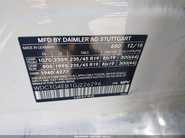 Aukcja sprzedaży 2016 Mercedes-benz Gla 250, vin: WDCTG4EB1GJ226296, numer aukcji: 44800629
