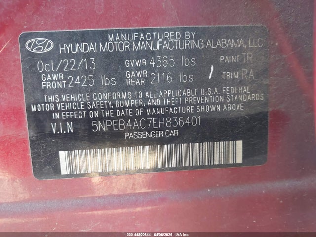 Aukcja sprzedaży 2014 Hyundai Sonata Gls, vin: 5NPEB4AC7EH836401, numer aukcji: 44800644