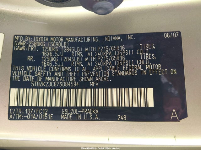 2007 TOYOTA SIENNA 5TDZK23C87S084594 Photo 8