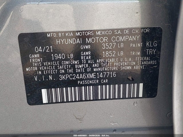 Auction sale of the 2021 Hyundai Accent Se, vin: 3KPC24A6XME147716, lot number: 44800681
