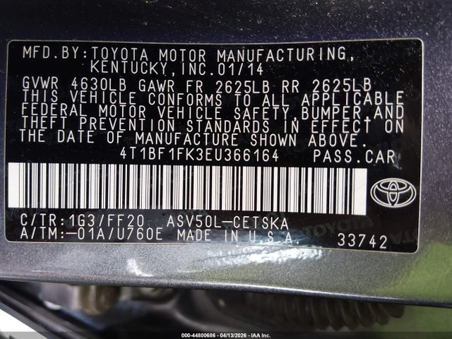 Продажа на аукционе авто 2014 Toyota Camry, vin: 4T1BF1FK3EU366164, номер лота: 44800686