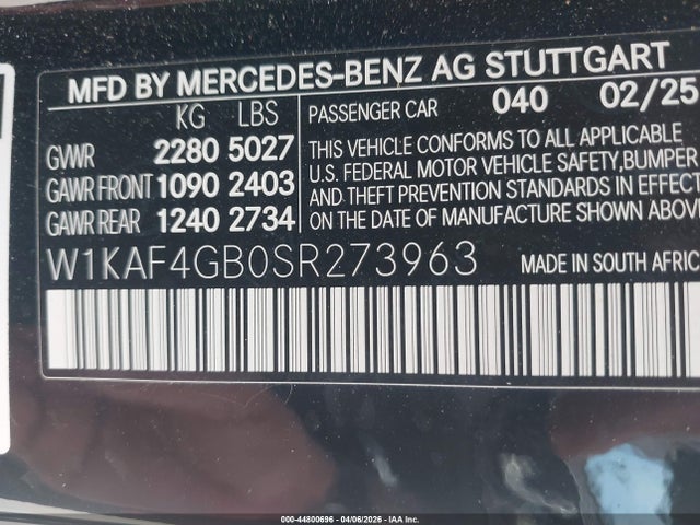 W1KAF4GB0SR273963 Mercedes-Benz C 300
