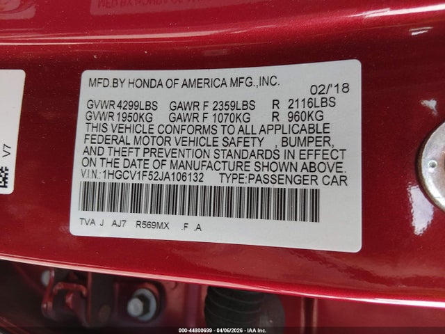 Honda Accord Ex-l 2018 1HGCV1F52JA106132 Image 9