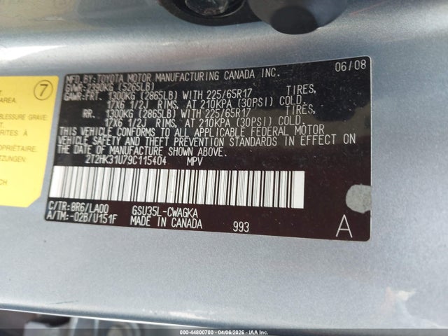 44800700 :رقم المزاد ، 2T2HK31U79C115404 vin ، 2009 Lexus Rx 350 مزاد بيع