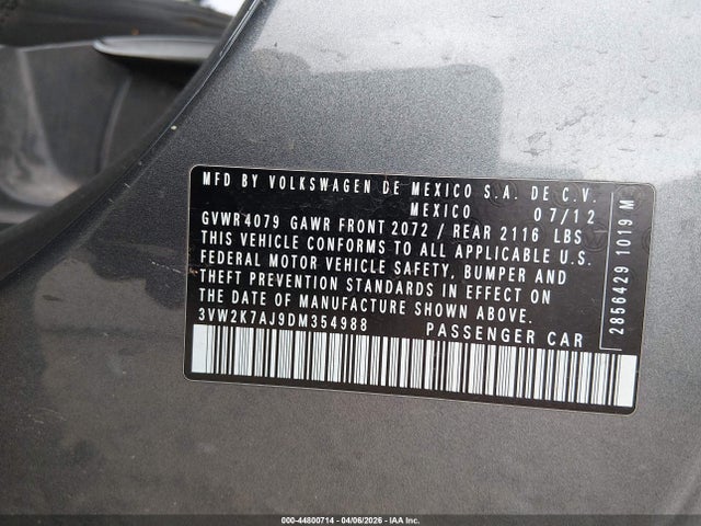 2013 Volkswagen Jetta 2.0l S მანქანა იყიდება აუქციონზე, vin: 3VW2K7AJ9DM354988, აუქციონის ნომერი: 44800714