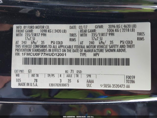 Ford ESCAPE S 2017 1FMCU0F77HUD12001 Image 9