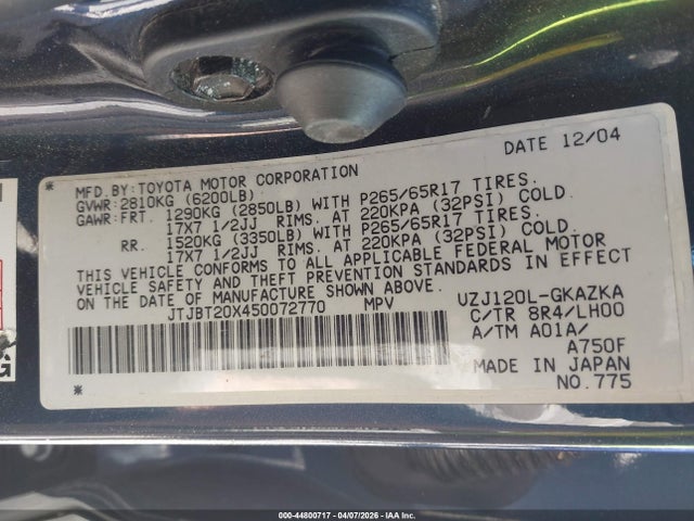 2005 LEXUS GX 470 JTJBT20X450072770 Photo 8