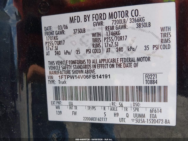 Aukcja sprzedaży 2006 Ford F-150 Fx4/lariat/xlt, vin: 1FTPW14V06FB14191, numer aukcji: 44800726