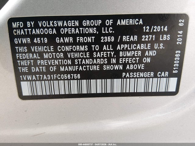 44800737 :رقم المزاد ، 1VWAT7A31FC056756 vin ، 2015 Volkswagen Passat 1.8t Wolfsburg Edition مزاد بيع