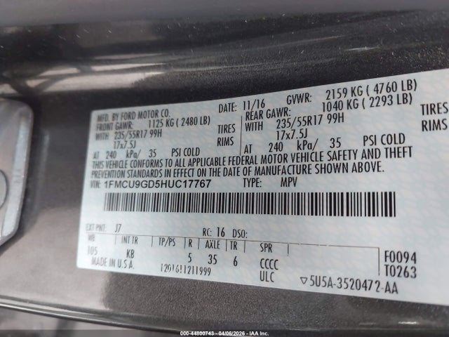 Продаж на аукціоні авто 2017 Ford Escape Se, vin: 1FMCU9GD5HUC17767, номер лоту: 44800743