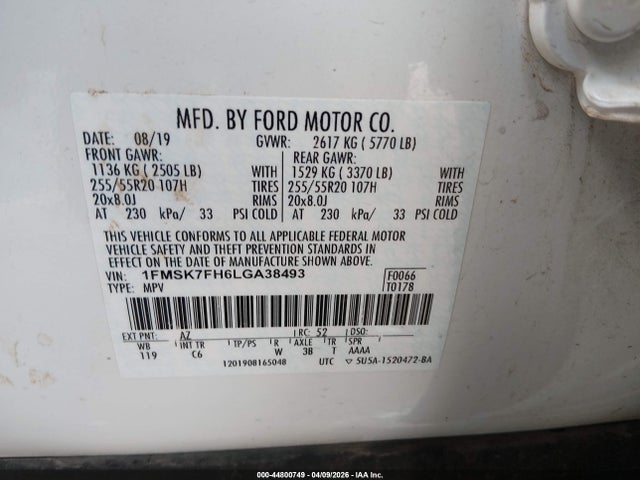 Продаж на аукціоні авто 2020 Ford Explorer Limited, vin: 1FMSK7FH6LGA38493, номер лоту: 44800749