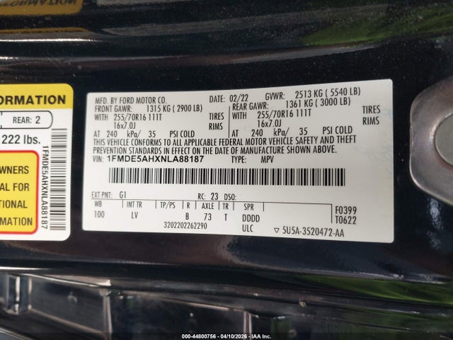 44800756 :رقم المزاد ، 1FMDE5AHXNLA88187 vin ، 2022 Ford Bronco مزاد بيع