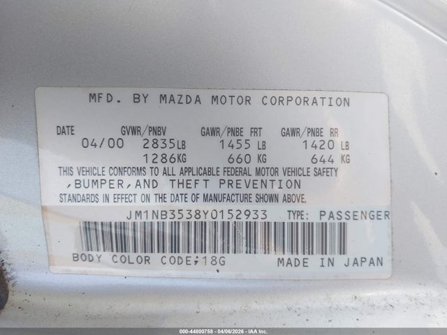 2000 Mazda Mx-5 Miata Ls/special Edition მანქანა იყიდება აუქციონზე, vin: JM1NB3538Y0152933, აუქციონის ნომერი: 44800758