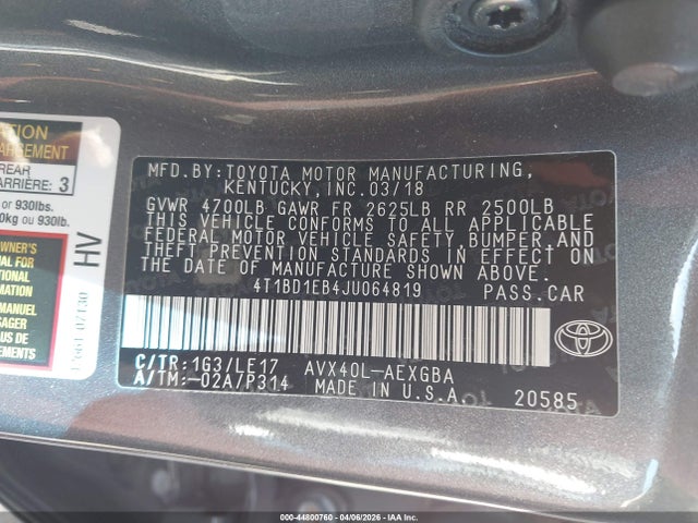 4T1BD1EB4JU064819 Toyota Avalon Hybrid Xle Premium