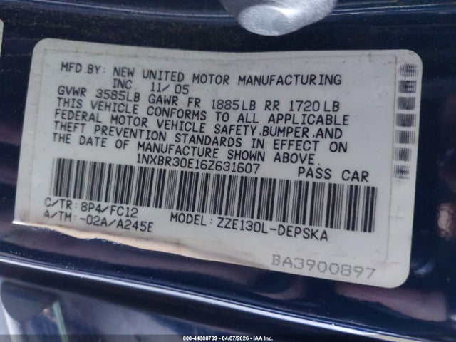 44800769 :رقم المزاد ، 1NXBR30E16Z631607 vin ، 2006 Toyota Corolla S مزاد بيع