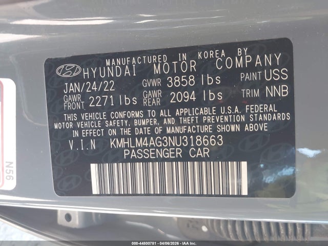2022 Hyundai Elantra Sel მანქანა იყიდება აუქციონზე, vin: KMHLM4AG3NU318663, აუქციონის ნომერი: 44800781
