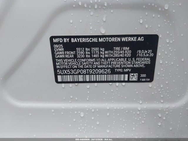 2026 Bmw X3 30 Xdrive მანქანა იყიდება აუქციონზე, vin: 5UX53GP08T9209626, აუქციონის ნომერი: 44800806
