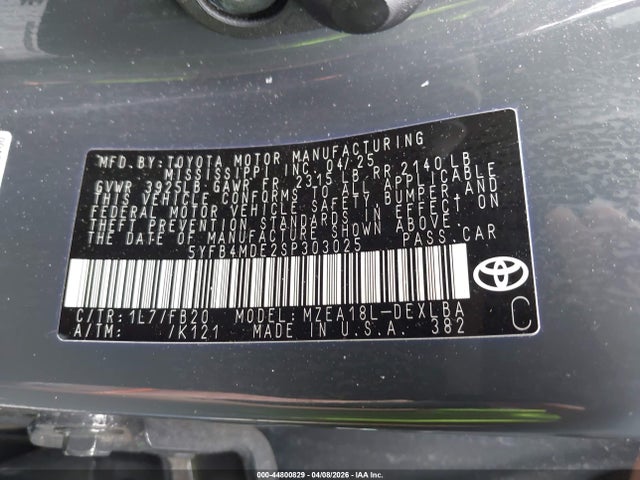 44800829 :رقم المزاد ، 5YFB4MDE2SP303025 vin ، 2025 Toyota Corolla Le مزاد بيع