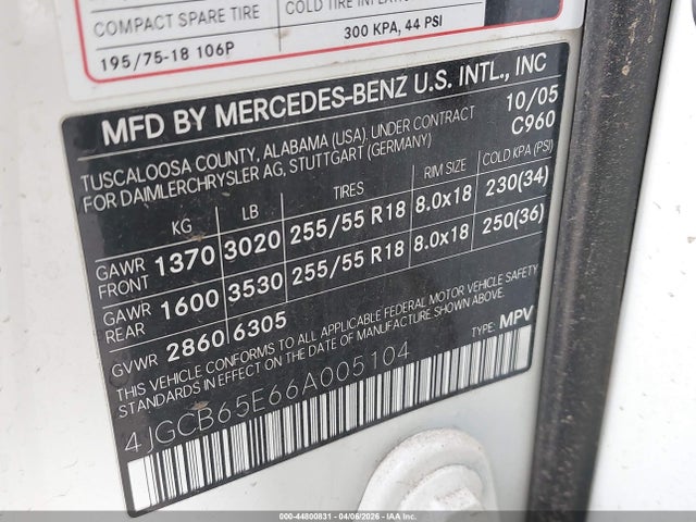 Продаж на аукціоні авто 2006 Mercedes-benz R 350 4matic, vin: 4JGCB65E66A005104, номер лоту: 44800831