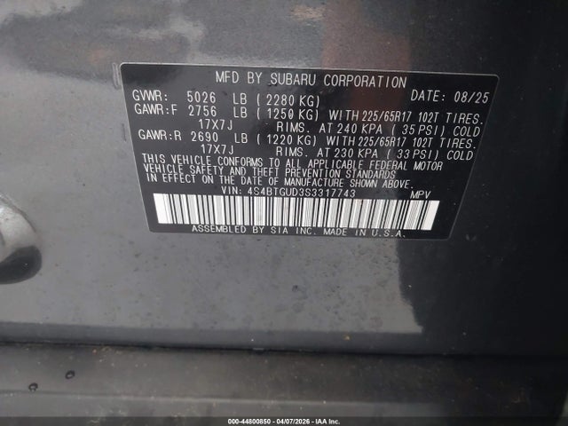 2025 Subaru Outback Wilderness მანქანა იყიდება აუქციონზე, vin: 4S4BTGUD3S3317743, აუქციონის ნომერი: 44800850