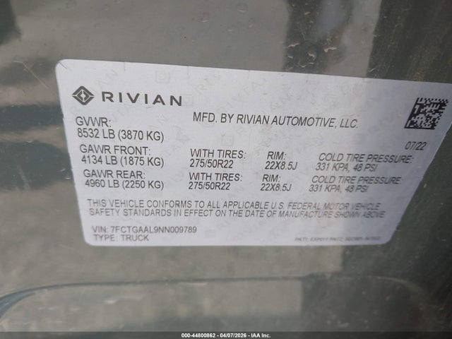 Rivian R1t Launch Edition 2022 7FCTGAAL9NN009789 Image 9