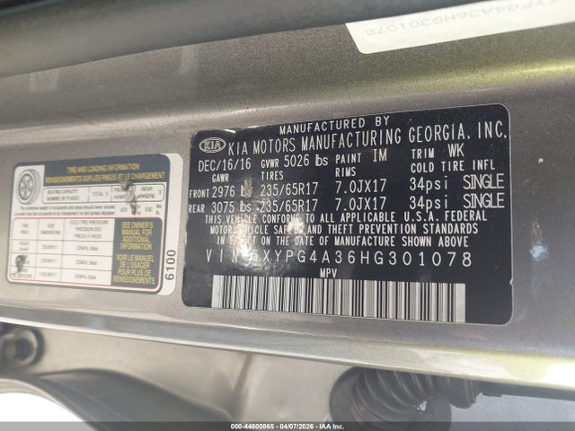 Продаж на аукціоні авто 2017 Kia Sorento 2.4l L, vin: 5XYPG4A36HG301078, номер лоту: 44800865