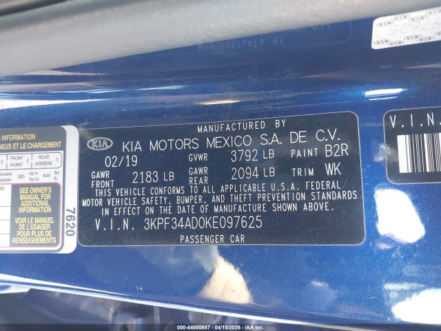 Продаж на аукціоні авто 2019 Kia Forte S, vin: 3KPF34AD0KE097625, номер лоту: 44800887