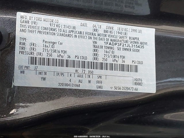 2018 FORD FOCUS 1FADP3F21JL315435 Photo 8