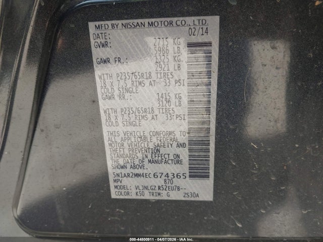 44800911 :رقم المزاد ، 5N1AR2MM4EC674365 vin ، 2014 Nissan Pathfinder Sl مزاد بيع