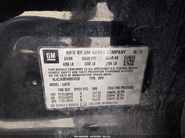 2019 Buick Encore Fwd Preferred მანქანა იყიდება აუქციონზე, vin: KL4CJASB1KB924530, აუქციონის ნომერი: 44800920
