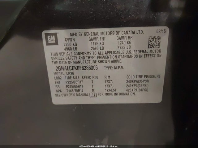 2015 Chevrolet Equinox 2lt მანქანა იყიდება აუქციონზე, vin: 2GNALCEK6F6286306, აუქციონის ნომერი: 44800926