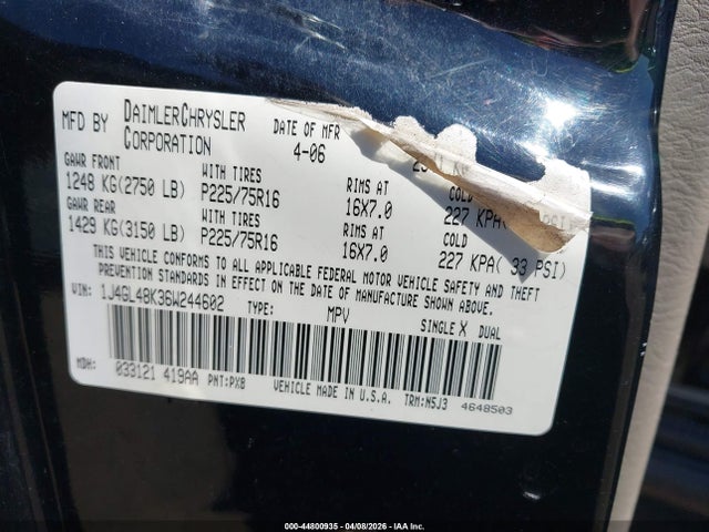 Aukcja sprzedaży 2006 Jeep Liberty Sport, vin: 1J4GL48K36W244602, numer aukcji: 44800935