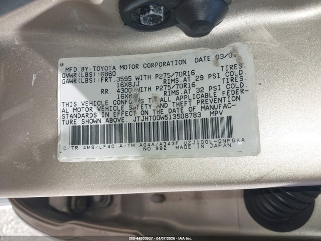 Aukcja sprzedaży 2001 Lexus Lx 470, vin: JTJHT00W513508783, numer aukcji: 44800937