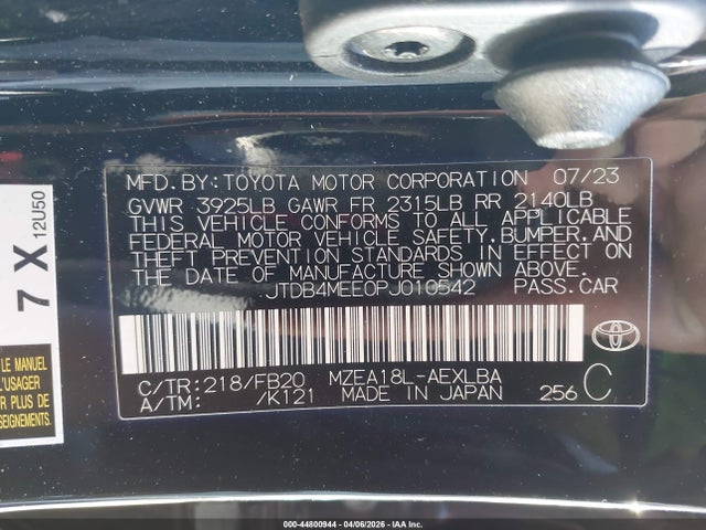 JTDB4MEE0PJ010542 Toyota COROLLA LE