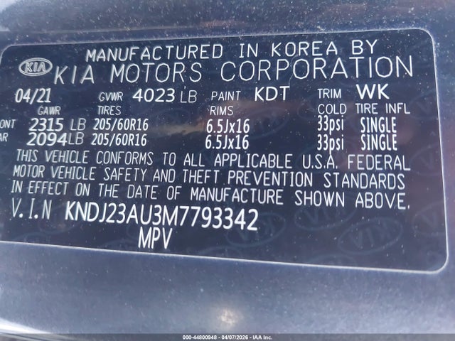 Aukcja sprzedaży 2021 Kia Soul Lx, vin: KNDJ23AU3M7793342, numer aukcji: 44800948
