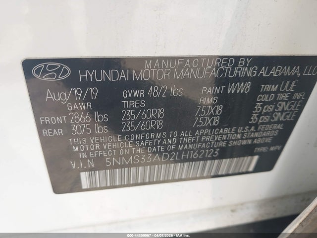 Продажа на аукционе авто 2020 Hyundai Santa Fe Sel, vin: 5NMS33AD2LH162123, номер лота: 44800967