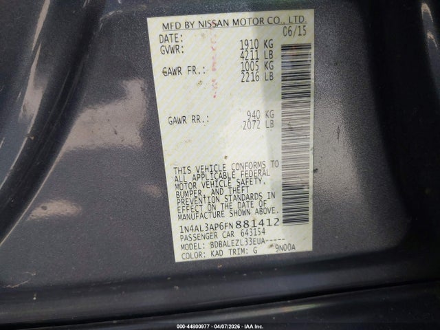 1N4AL3AP6FN881412 Nissan Altima 2.5/2.5 S/2.5 Sl/2.5 Sv