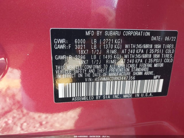 2022 Subaru Ascent Premium მანქანა იყიდება აუქციონზე, vin: 4S4WMACD8N3447356, აუქციონის ნომერი: 44800980