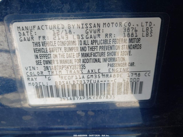 3N1AB7AP5KY287835 Nissan SENTRA SV