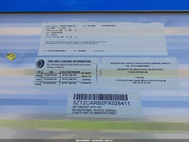 Продаж на аукціоні авто 2023 Coachmen Catalina, vin: 5ZT2CARB2PX028411, номер лоту: 44800987