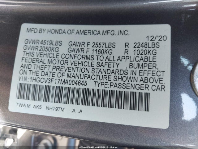1HGCV3F17MA004645 Honda ACCORD HYBRID